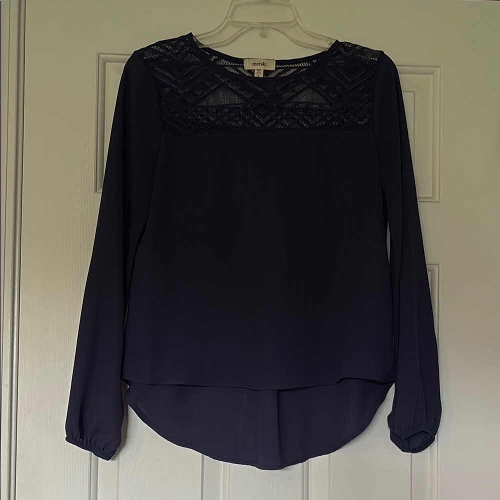 Meraki Blue Long Sleeve Blouse with Shoulder Knit Design